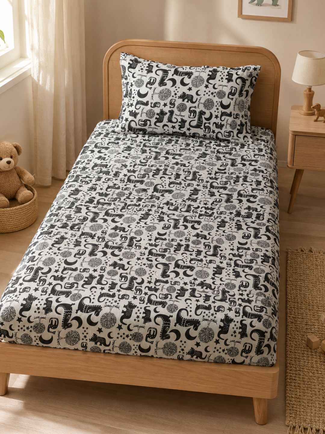 Premium dinosaur print cotton bedsheet for kids with matching pillowcase