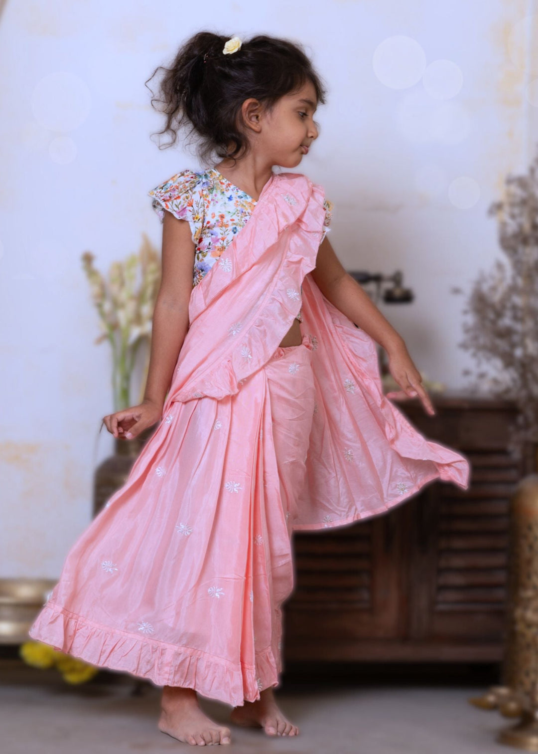 Prestitched Silk Embroidered Saree for Girls | Pink