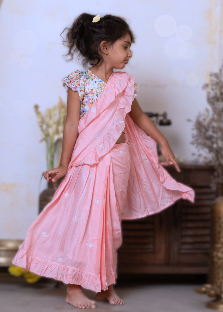 Prestitched Silk Embroidered Saree for Girls | Pink