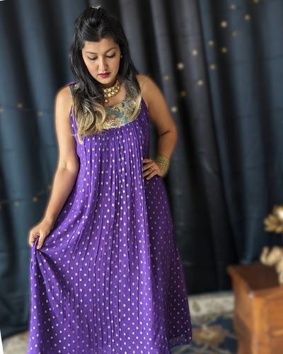 Purple Georgette Maxi Dress with Banarasi Patch | Girls & Women