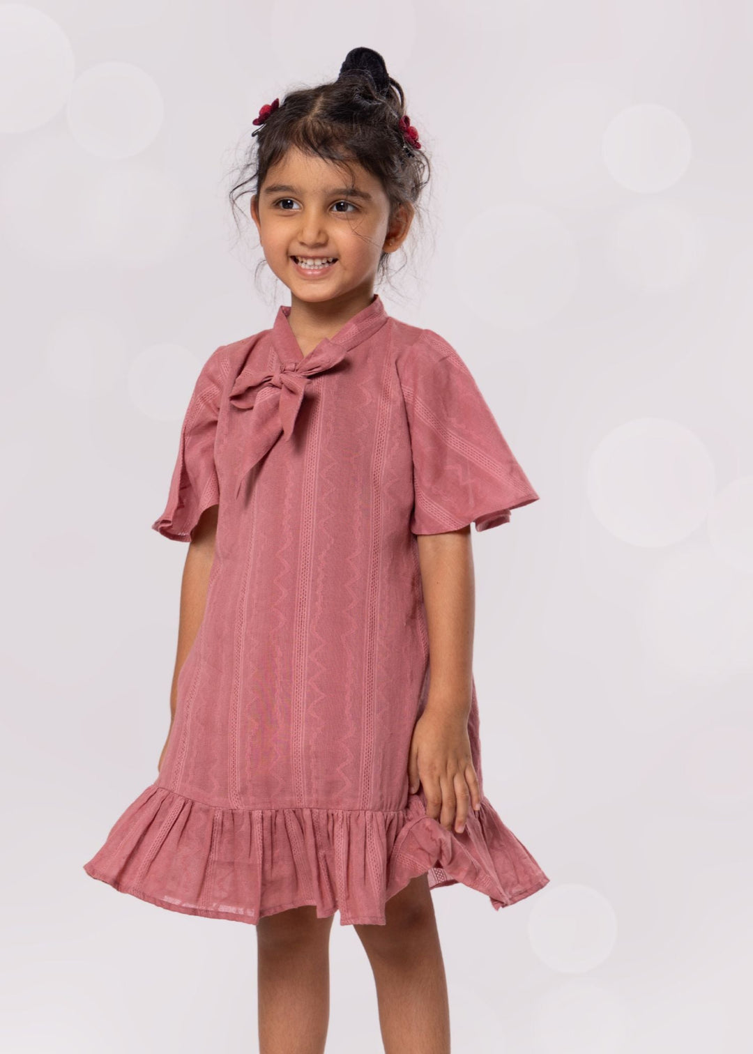 summer cotton dress with stylish tie up bow, dusty rose, pink colour