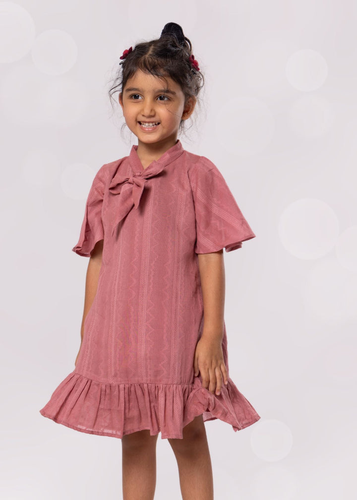 summer cotton dress with stylish tie up bow, dusty rose, pink colour