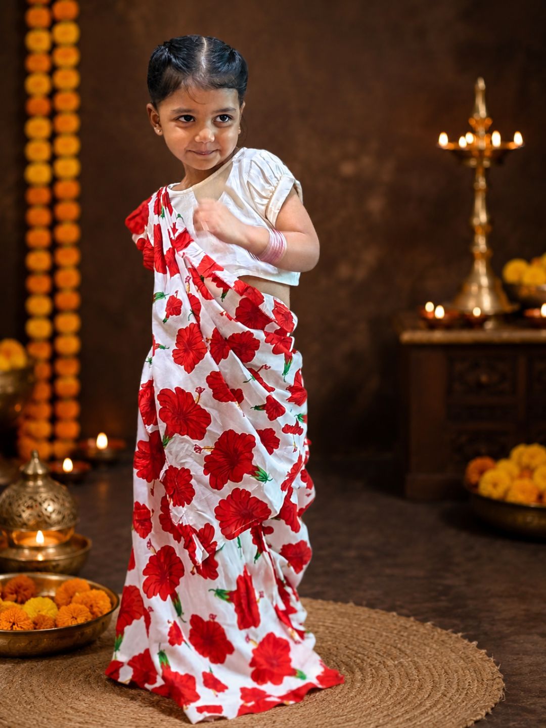 hibiscus print jabakusum red and white silk saree with frills for girls