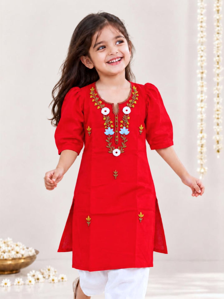 red mulmul hand embroidered kurta for girls for festive season 