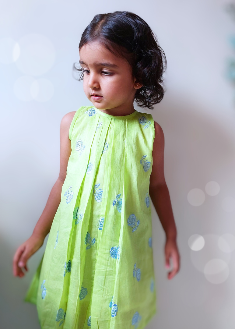 Embroidered Mal Cotton Dress | Rose Green | 1-12Y