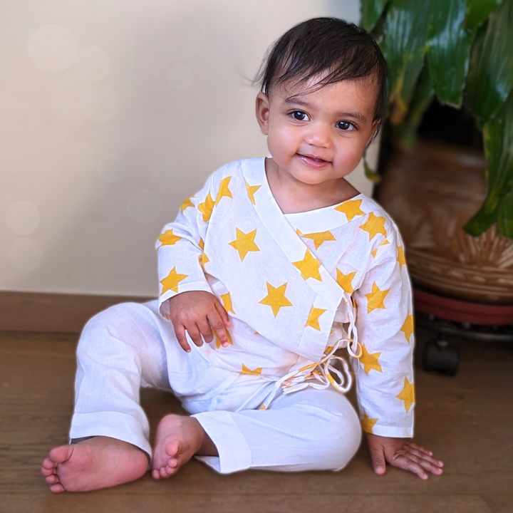 newborn baby muslin vest jhabla yellow stars