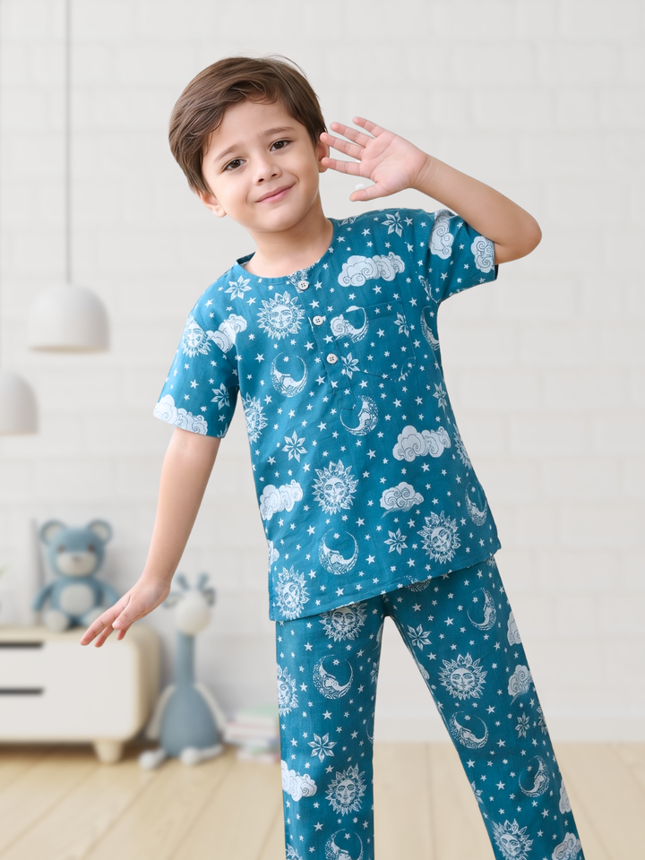 Blue cotton malmal kids nightsuit for boys and girls, soft breathable summer nightwear