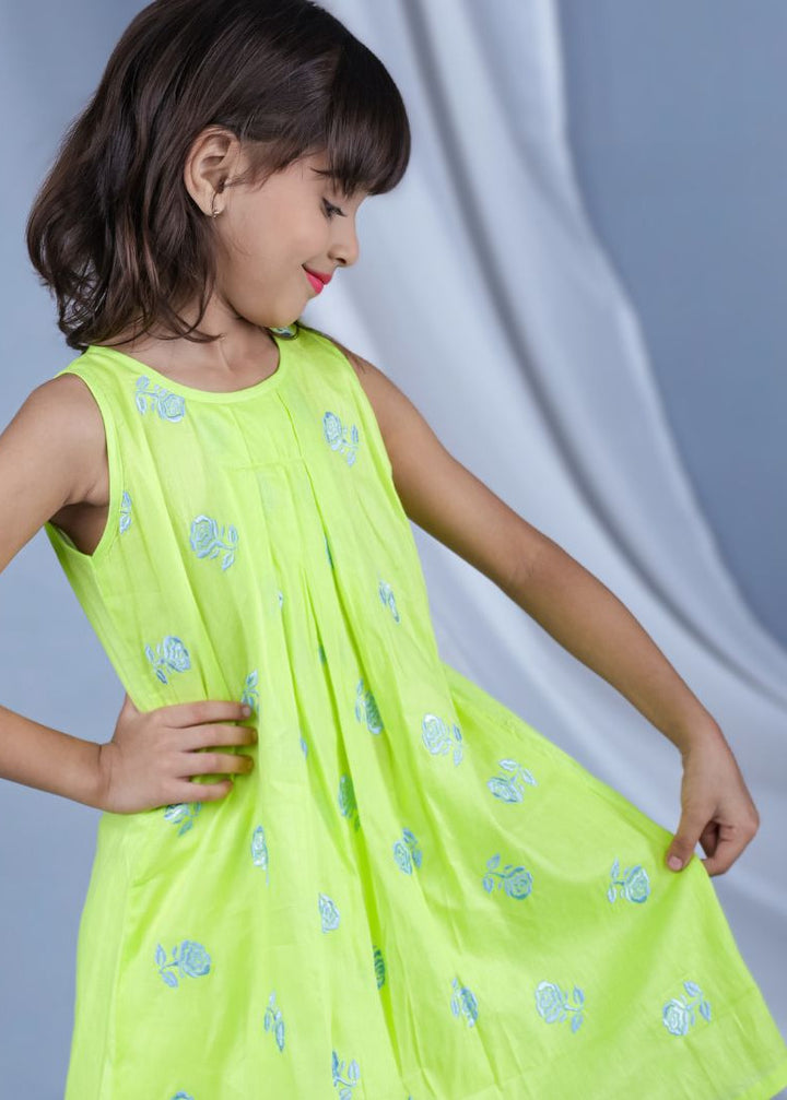 Embroidered Mal Cotton Dress | Rose Green | 1-12Y