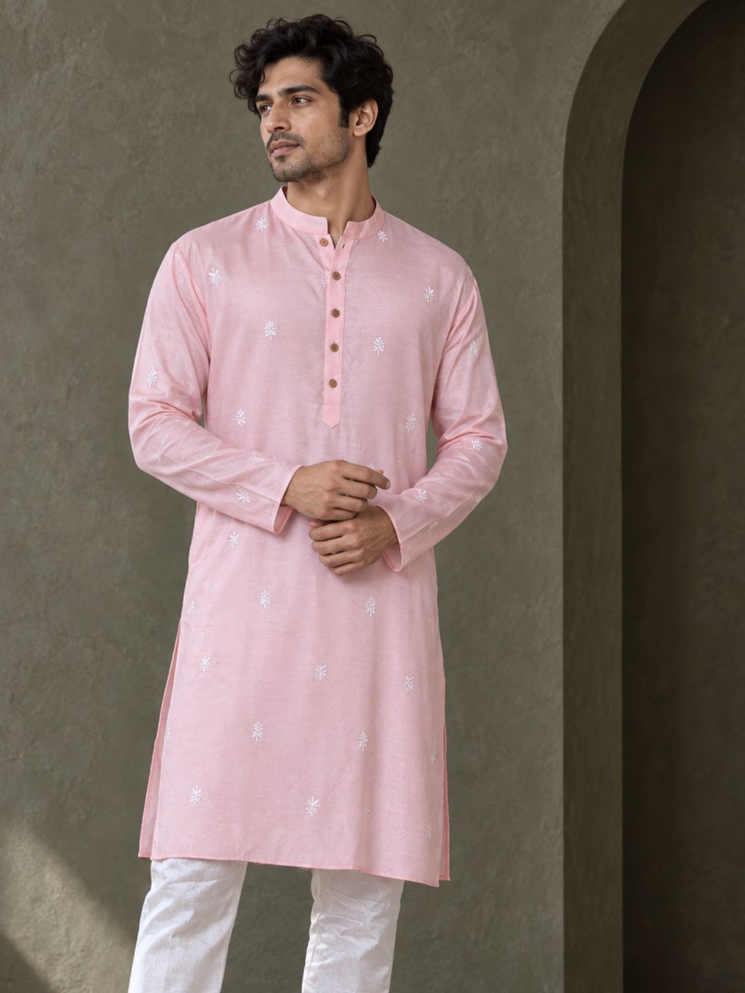 lightweight breathable pink embroidered silk kurta for men 