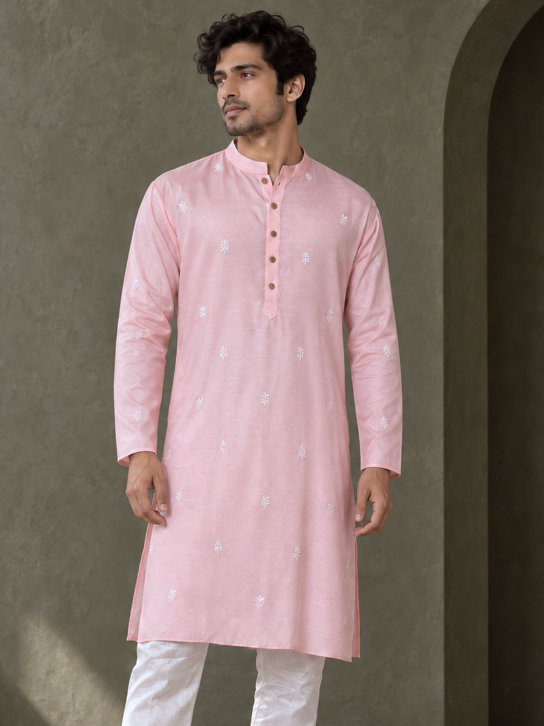 soft pink silk kurta for men, perfect for sangeet, haldi and mehendi functions.