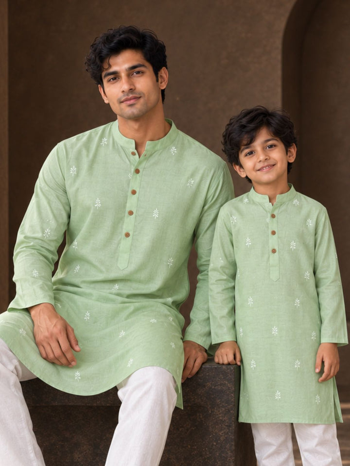 father son twinning in festive silk jade green kurta 