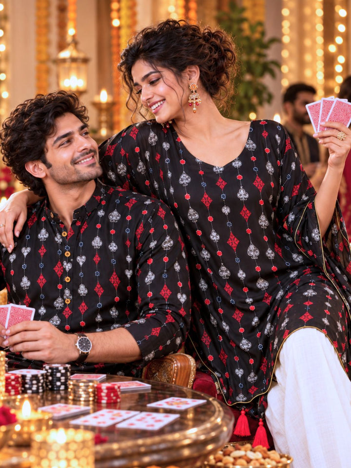 cards taash print black silk couple twinning outfit for teen patti parties and poker nights 