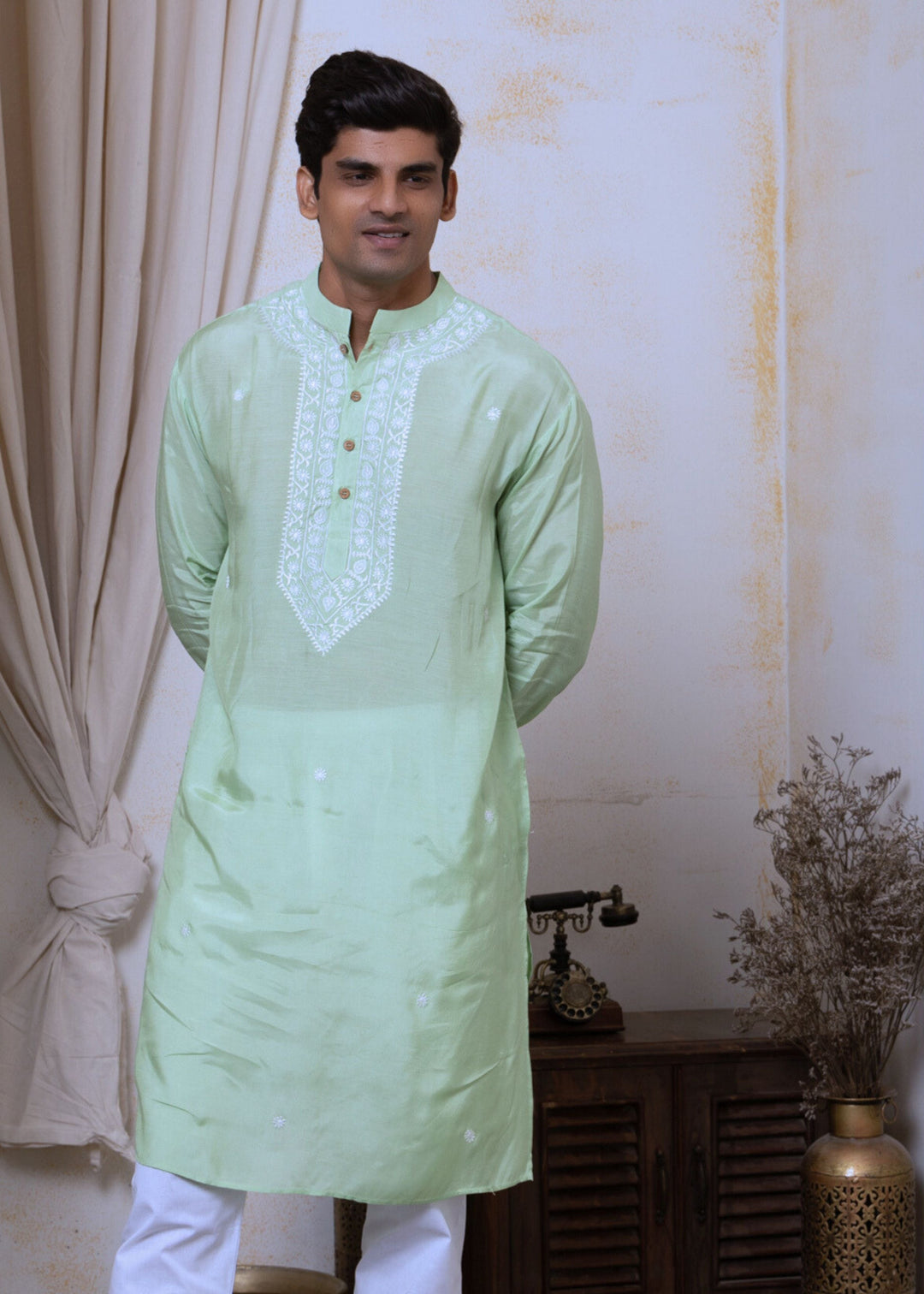 mint green embroidered men's silk kurta 