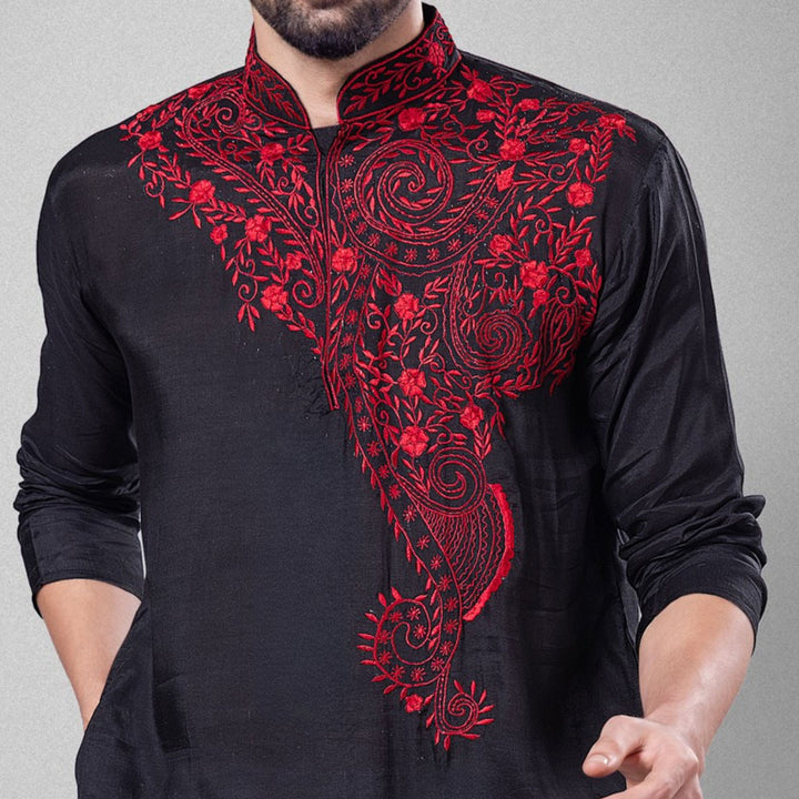 Embroidered Black Viscose Silk Men&