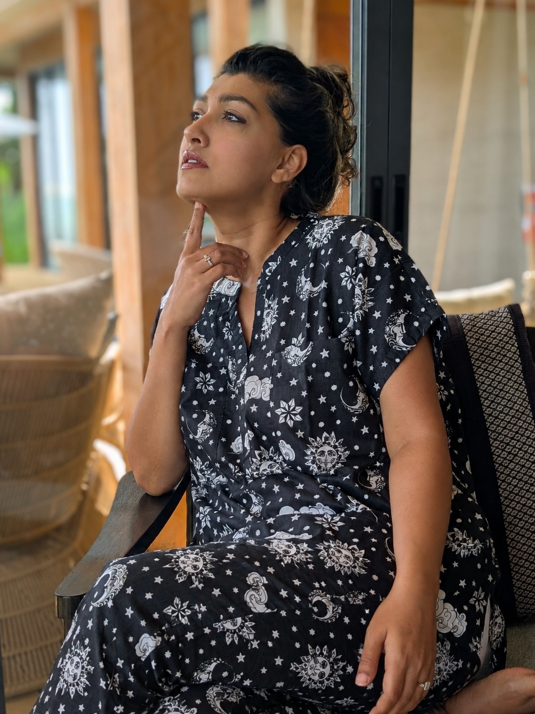 stars sun and moon print cotton malmal braless pajama set nightsuit for women