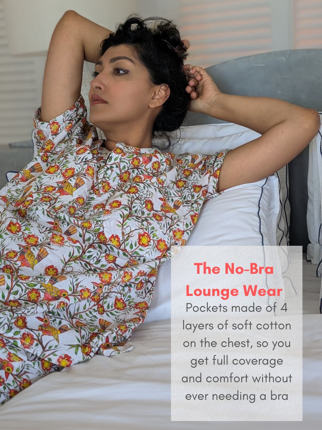 Woman wearing a floral no-bra lounge wear outfit on a bed with promotional text overlay.