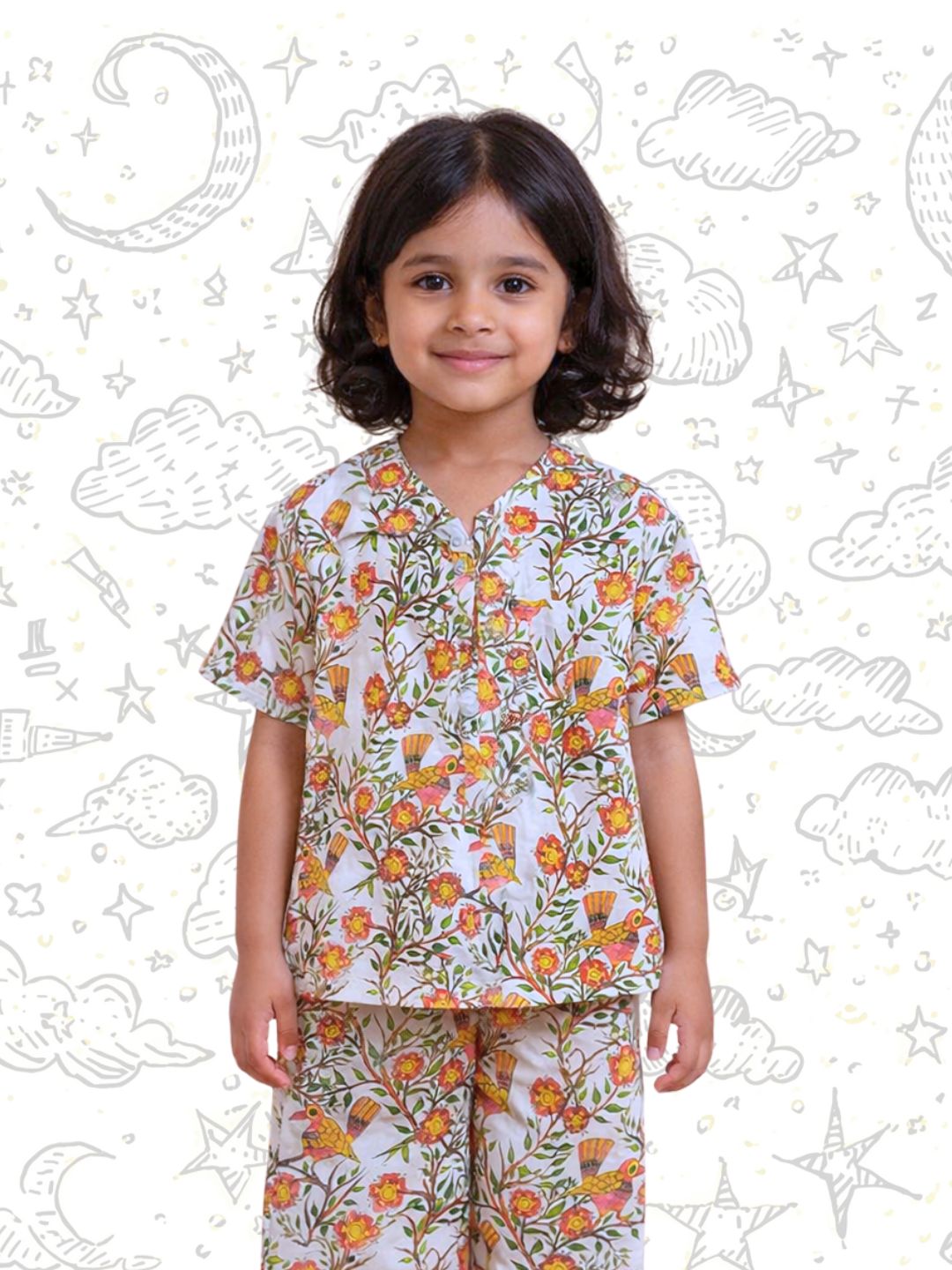 Child wearing floral cotton nightsuit coord set