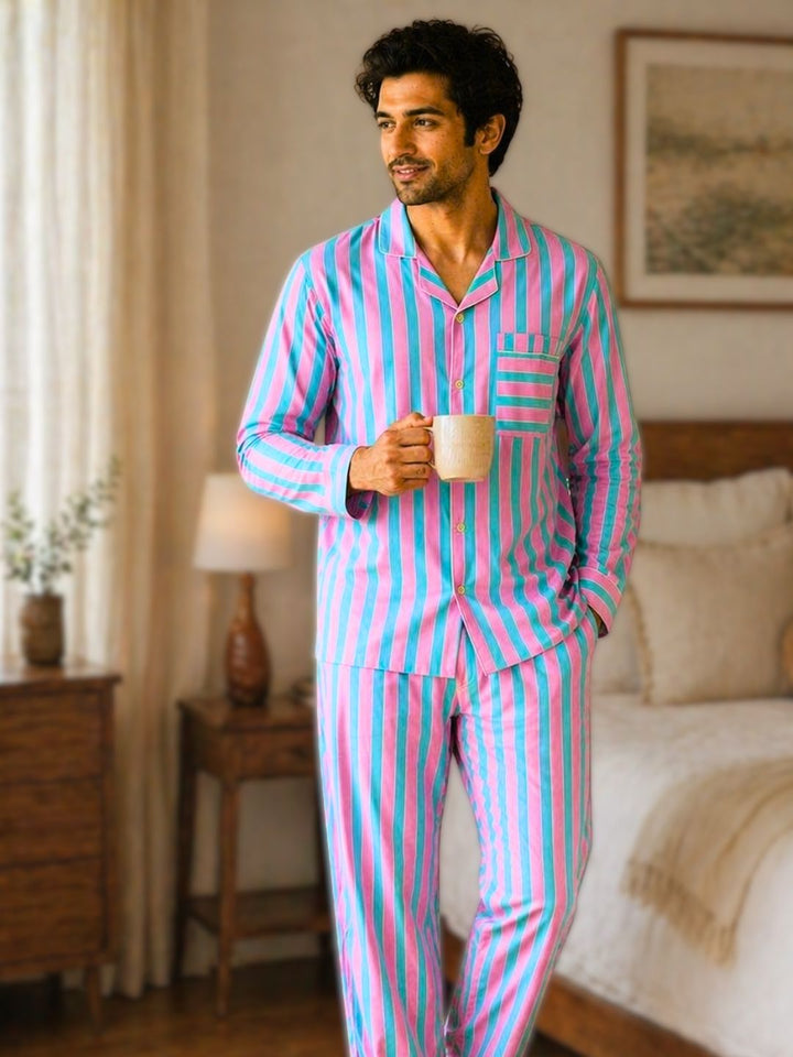 Men’s cotton nightsuit set in pink and blue stripes with full sleeves and relaxed fit