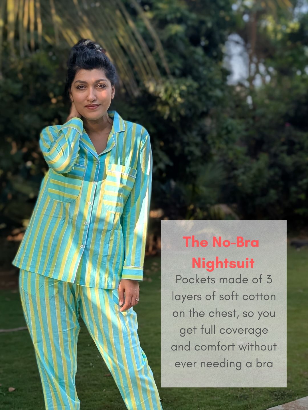 Lightweight summer cotton nightwear for women, green and blue striped no bra pajama set