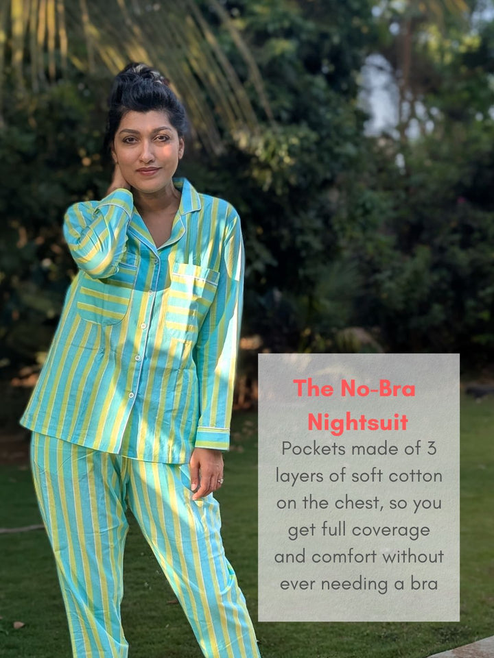 Lightweight summer cotton nightwear for women, green and blue striped no bra pajama set
