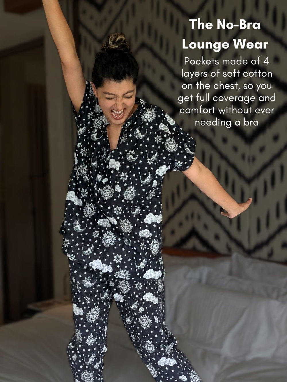 Woman wearing a cotton black floral no-bra lounge set with text describing the product.