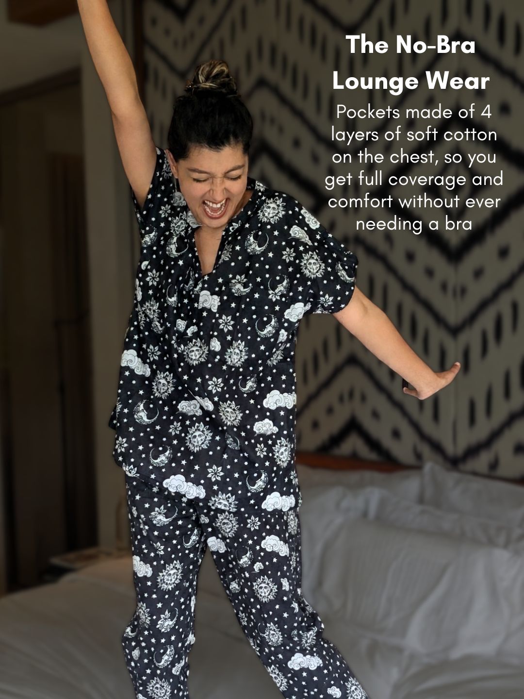 Woman wearing a cotton black floral no-bra lounge set with text describing the product.