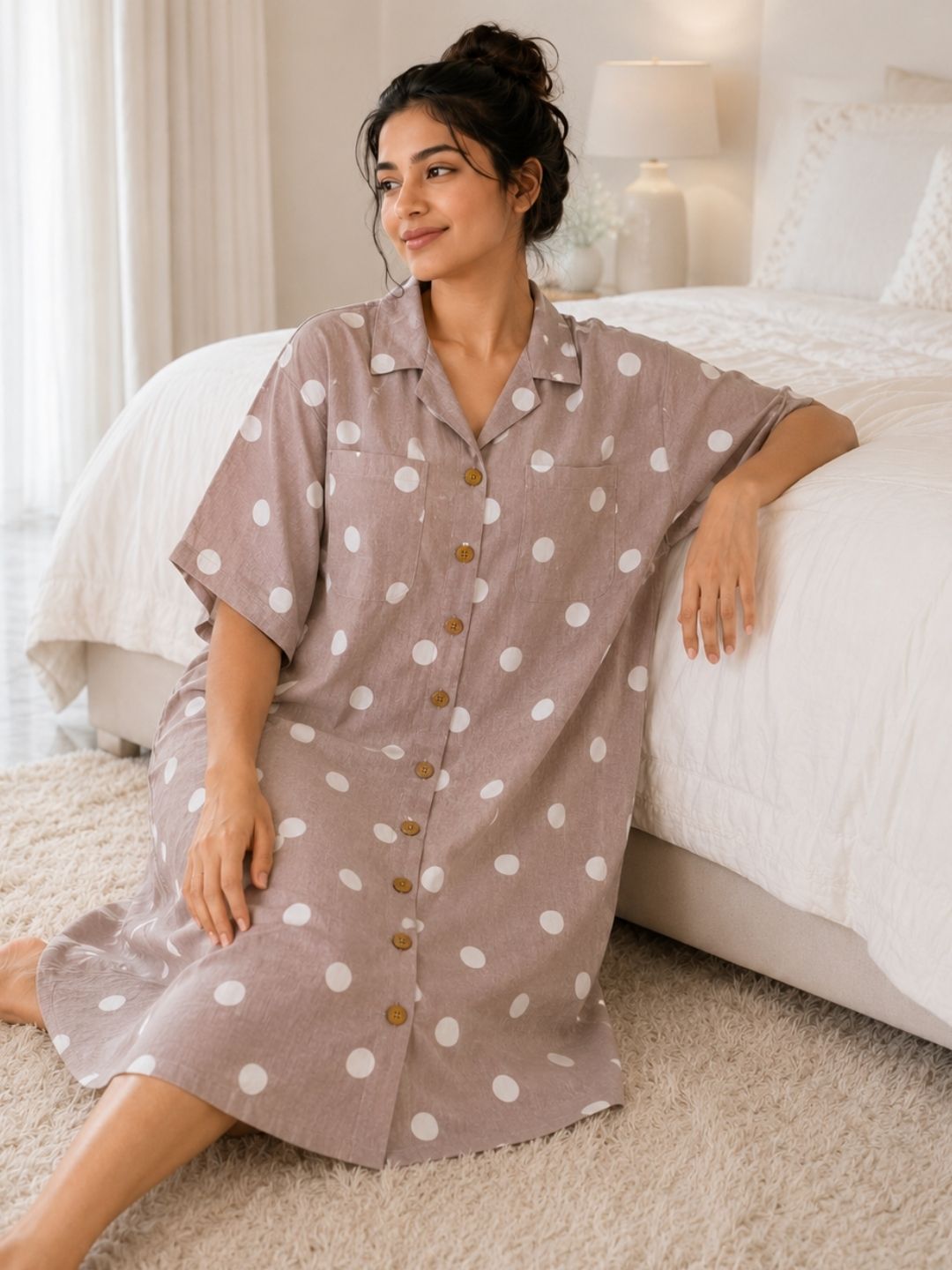Relaxed polka dot no bra nightsuit for women in mocha beige with wooden button front