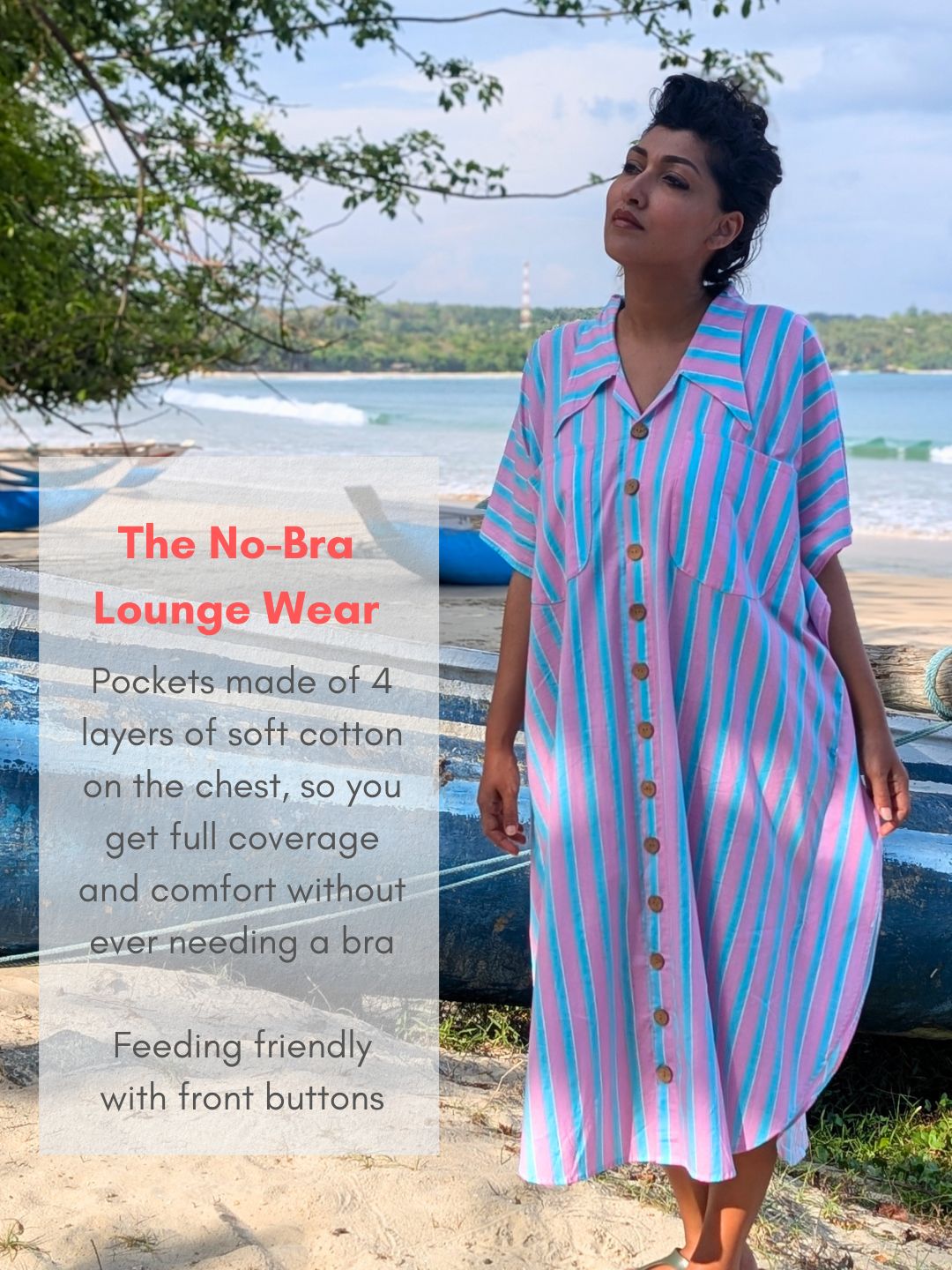 Breathable cotton kaftan nightshirt with feeding-friendly front opening pink and blue pinstripes