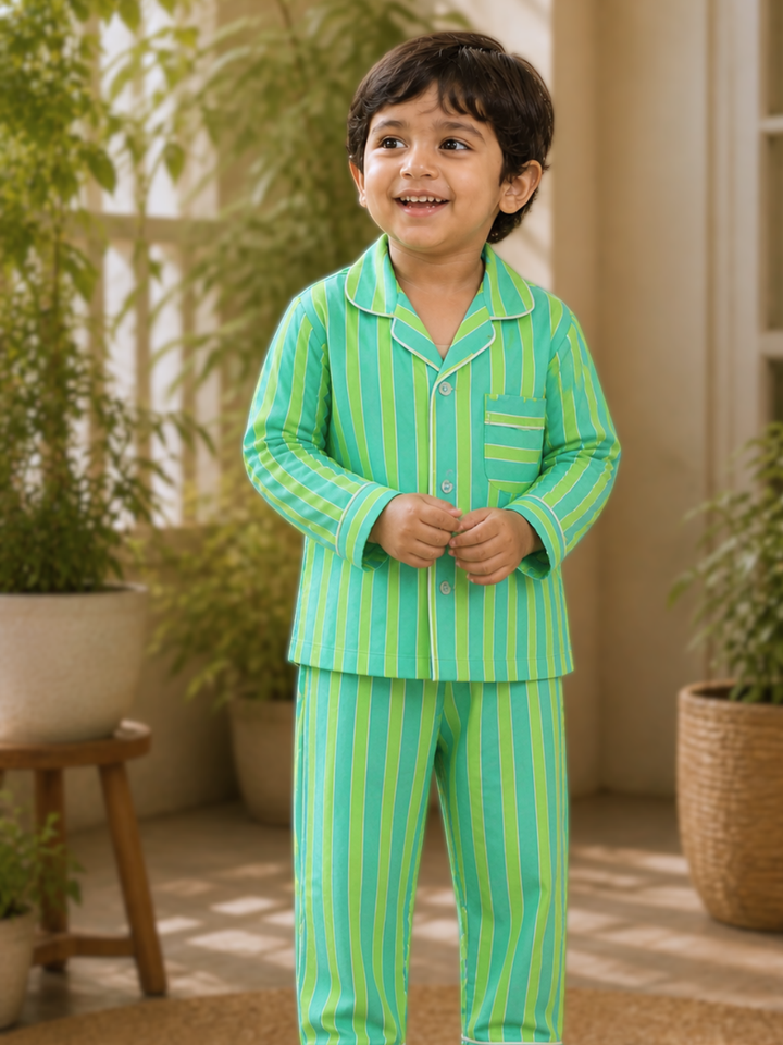 Lime green and blue pinstriped cotton kids pajama set, lightweight summer nightsuit for boys and girls