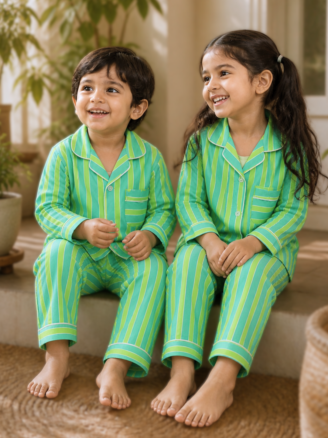 Premium cotton kids nightsuit in lime green and blue stripes, airy breathable summer nightwear