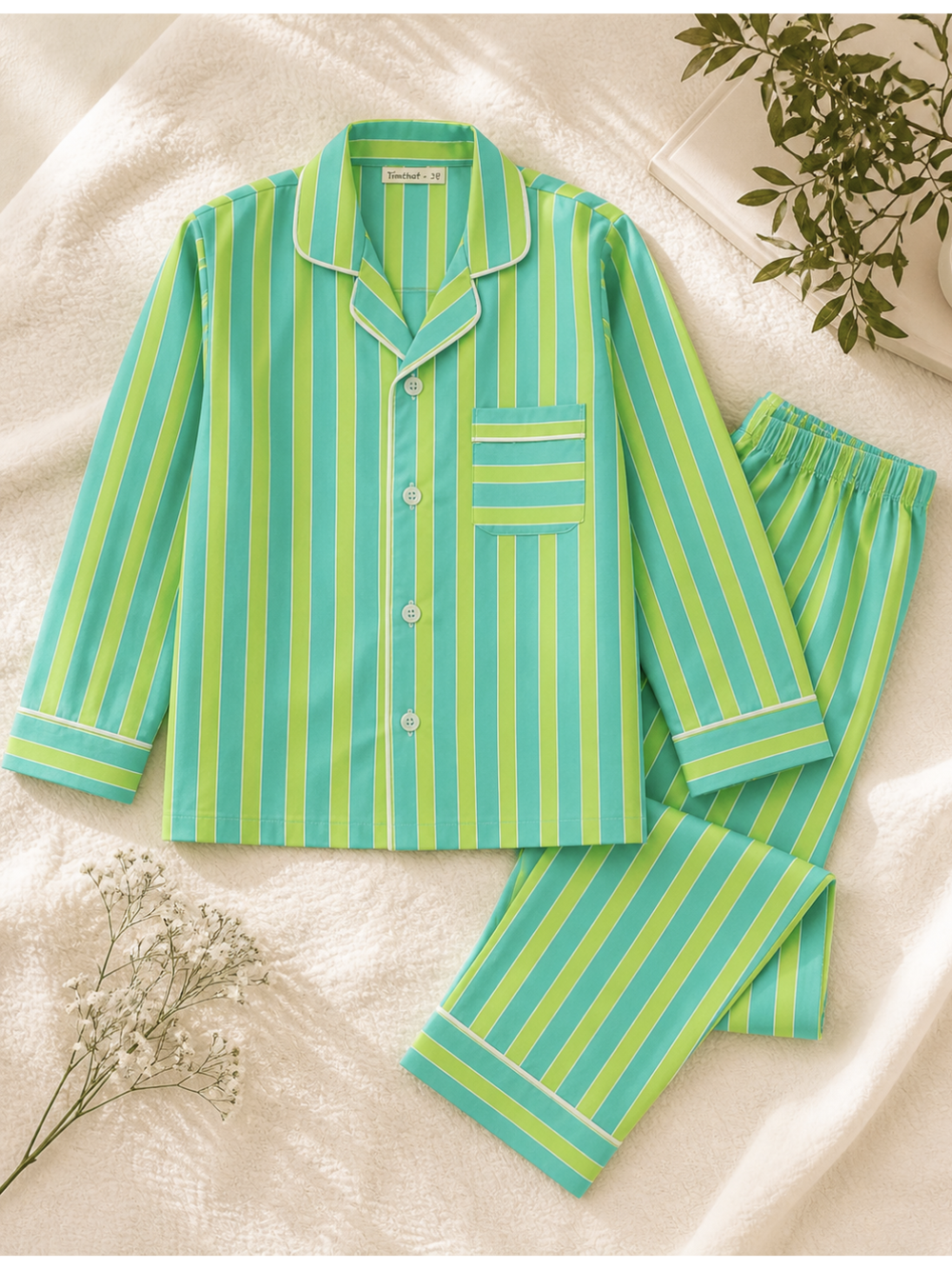 Summery lime green and blue pinstriped kids nightsuit pajama set in premium breathable cotton