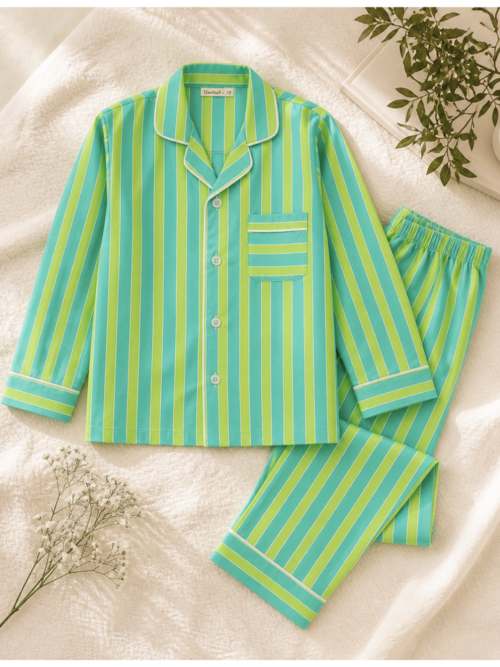 Summery lime green and blue pinstriped kids nightsuit pajama set in premium breathable cotton
