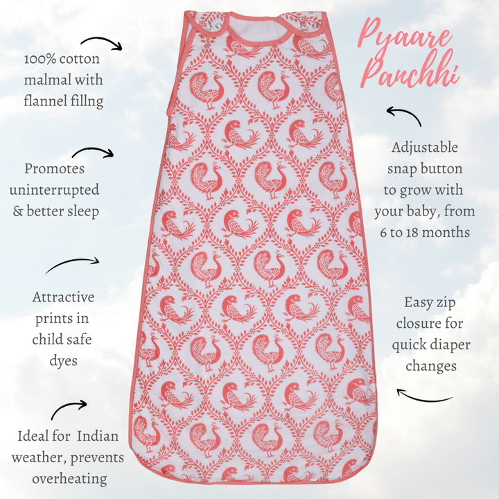 Baby Sleeping Bag | Cotton Malmal | Pyaare Panchhi Pink