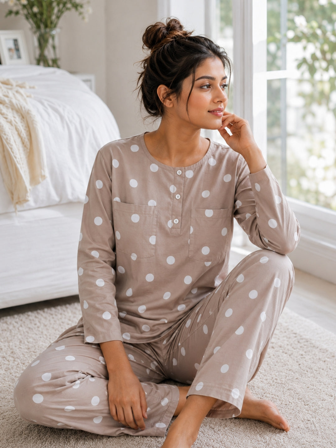 Woman sitting by a sunlit window in a Tura Turi mocha polka dot cotton night suit – long-sleeve tunic top and pyjama set, front view