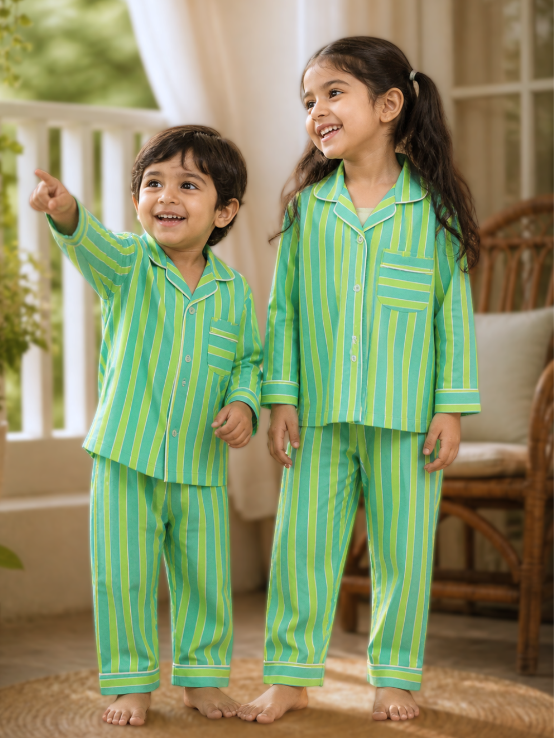 Premium cotton kids nightsuit pajama set in summery lime green and blue pinstripes, soft breathable sleepwear