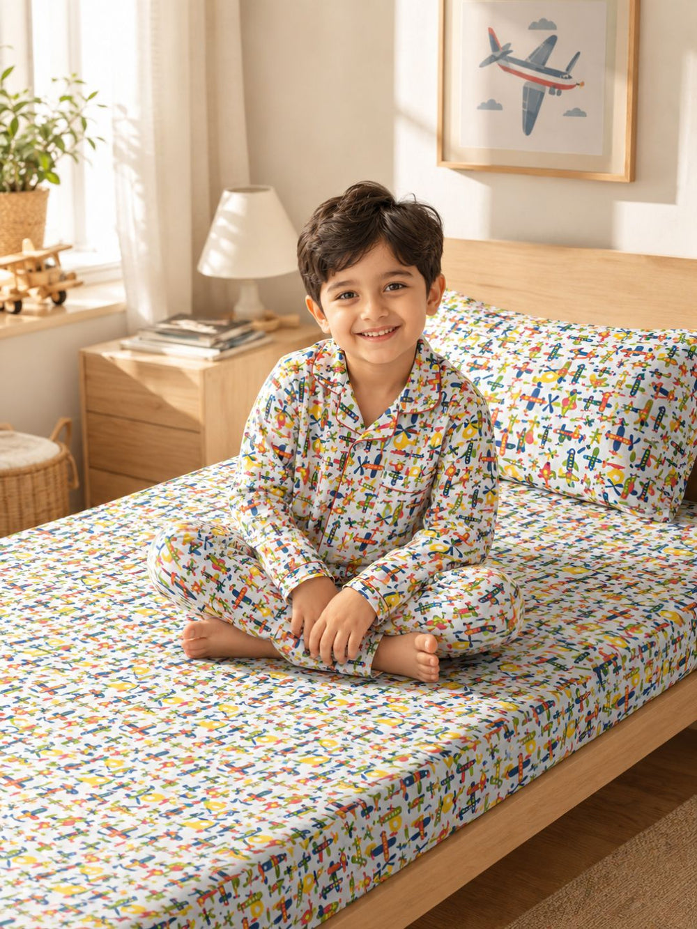 child wearing aeroplanes themed nightsuit with matching kids aviation bedding set featuring planes and helicopters