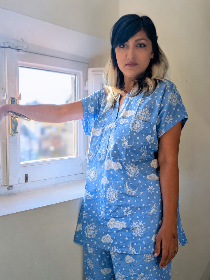 Sky Blue Braless Nightsuit for Women in Breathable Cotton Malmal Fabric