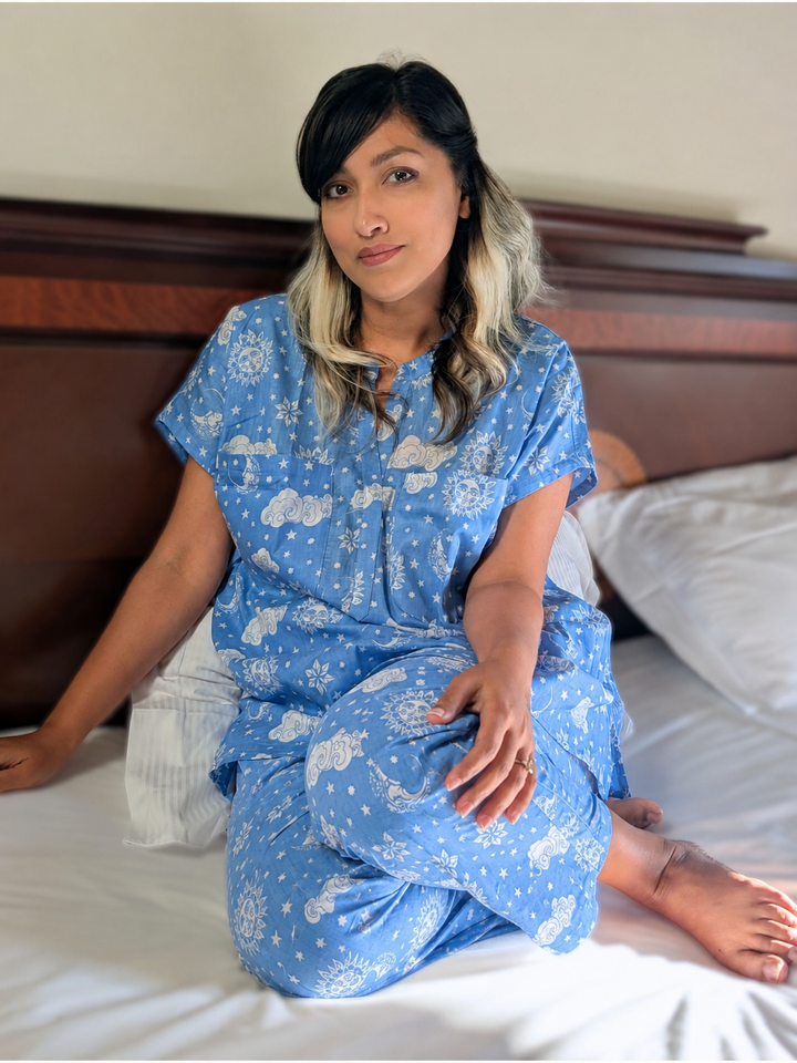 Braless Top Style Cotton Malmal Nightsuit for Women in Sky Blue Print