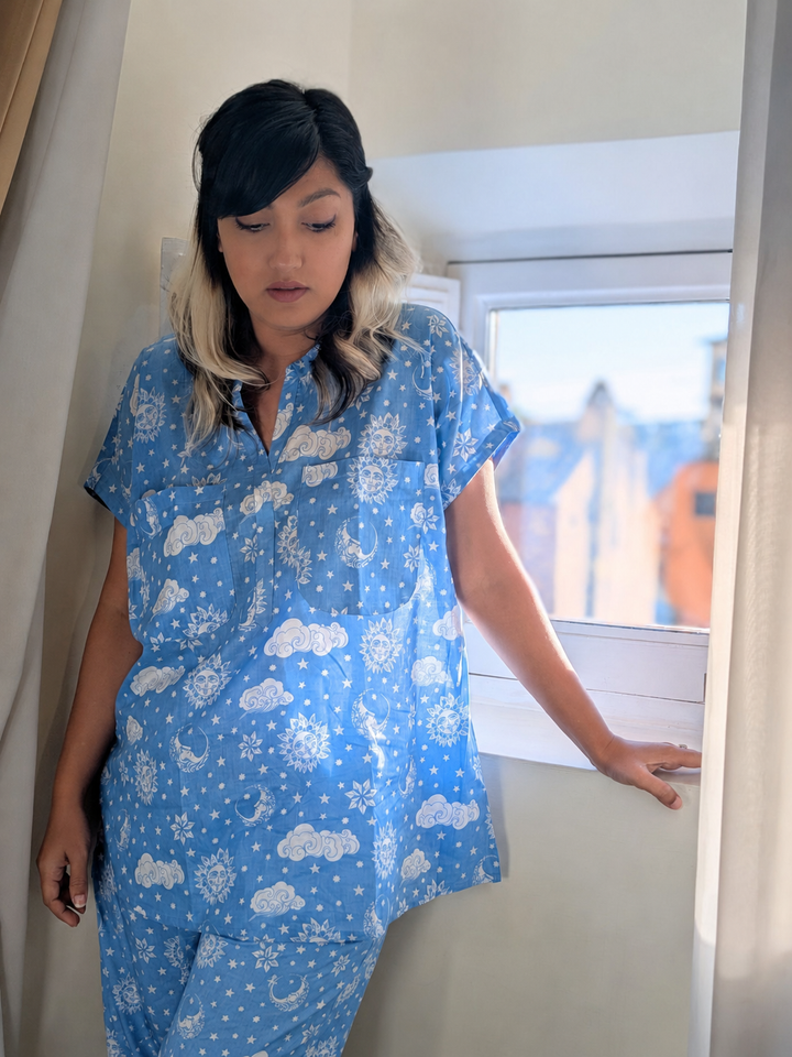 No Bra Shirt for Women in Sky Blue Cotton Malmal Loungewear Style