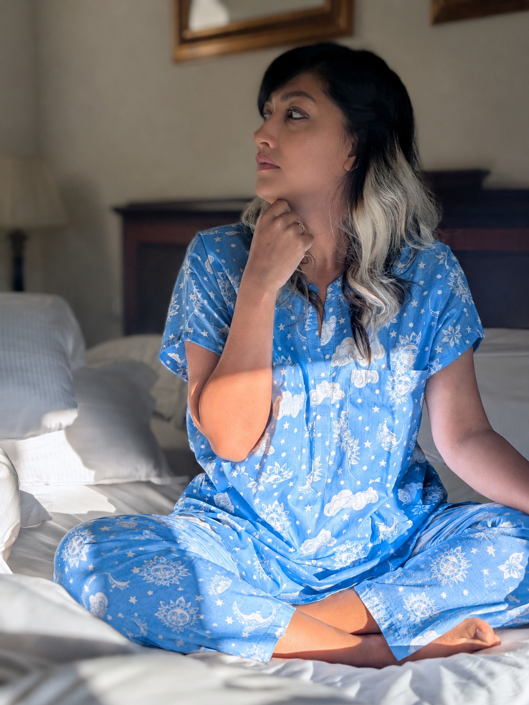 Sky Blue No Bra Cotton Malmal Nightsuit for Women with 4-Layer Coverage Pockets