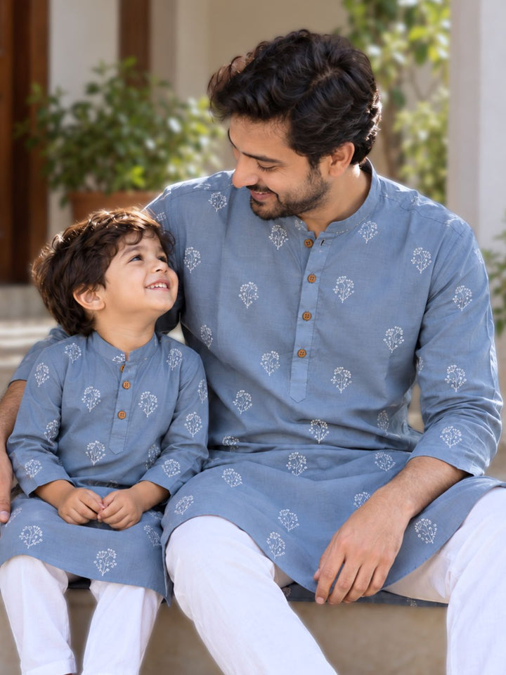 father son twinning in festive blue grey kurta with subtle sequinned embroidery