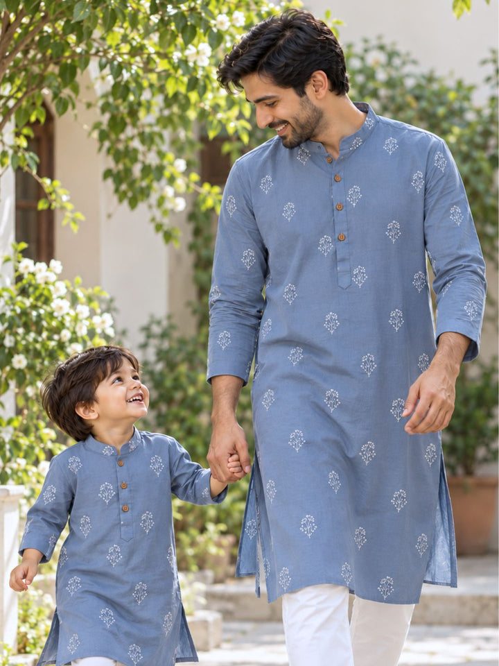 man and boy twinning in matching grey embroidered cotton mulmul kurta