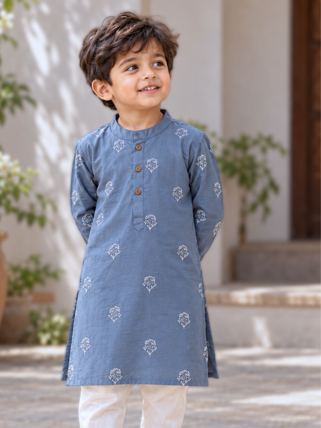 boys cotton mulmul festive kurta for diwali in blue grey colour with white embroidery 