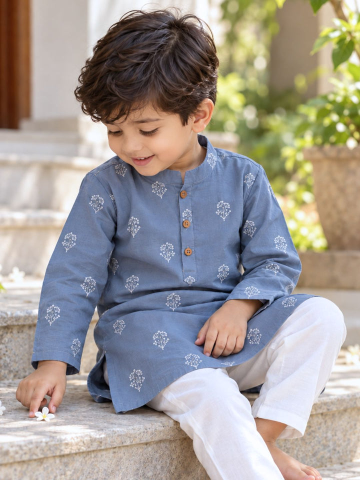 little boy in cotton mulmul soft festive grey kurta with embroidered floral motif