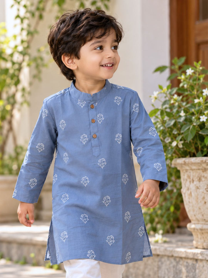 soft grey festive cotton embroidered kurta for boys 