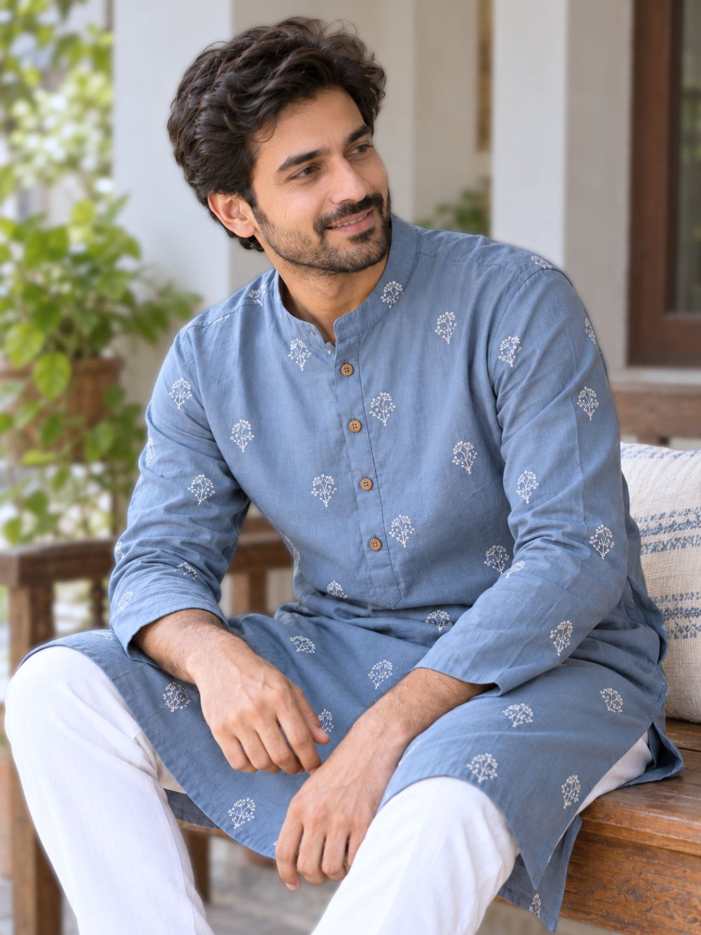 grey cotton mulmul kurta for men with sequinned white embroidery, alternate view showing fit and design detail