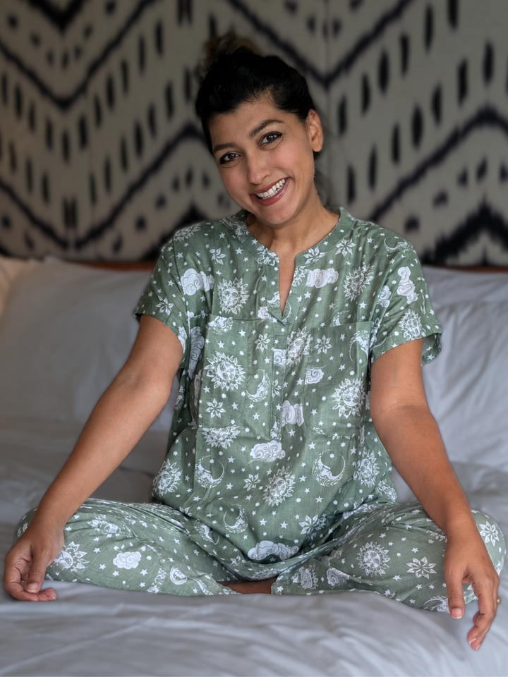 Sage Green No Bra Cotton Malmal Nightsuit for Women with 4-Layer Coverage Pockets