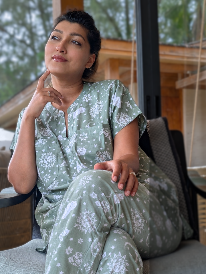 Braless nightsuit for women in sage green cotton malmal with same print pajamas