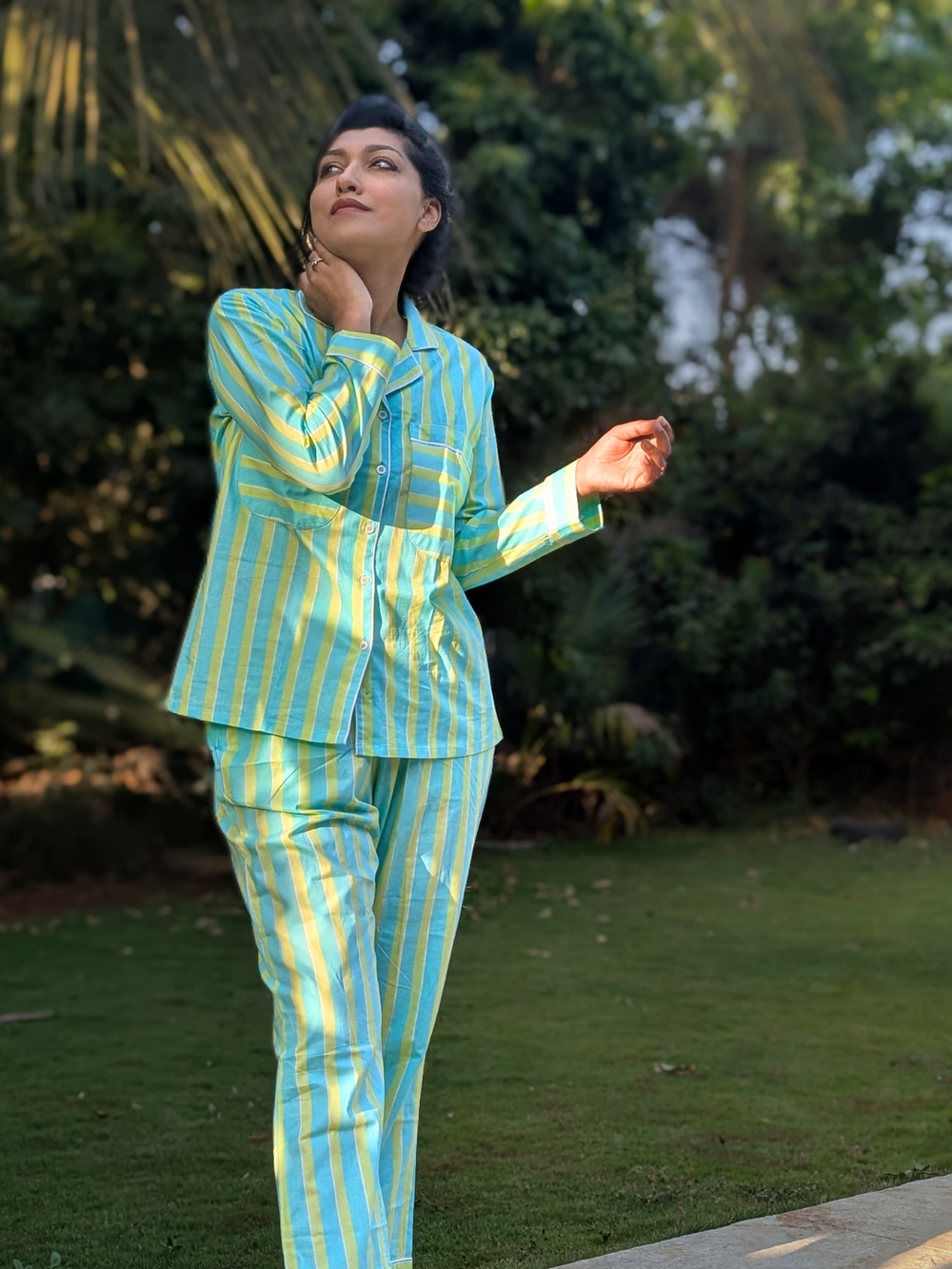 lime green and blue pinstriped cotton no bra nightsuit pajama set for women, breathable summer nightwear