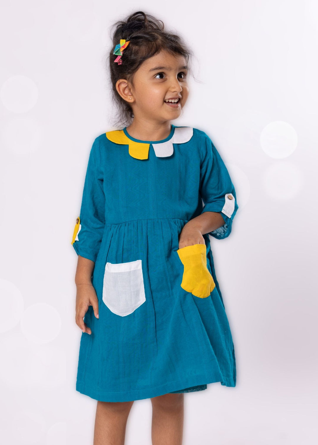 blue dress with contrast pockets and peter pan collar